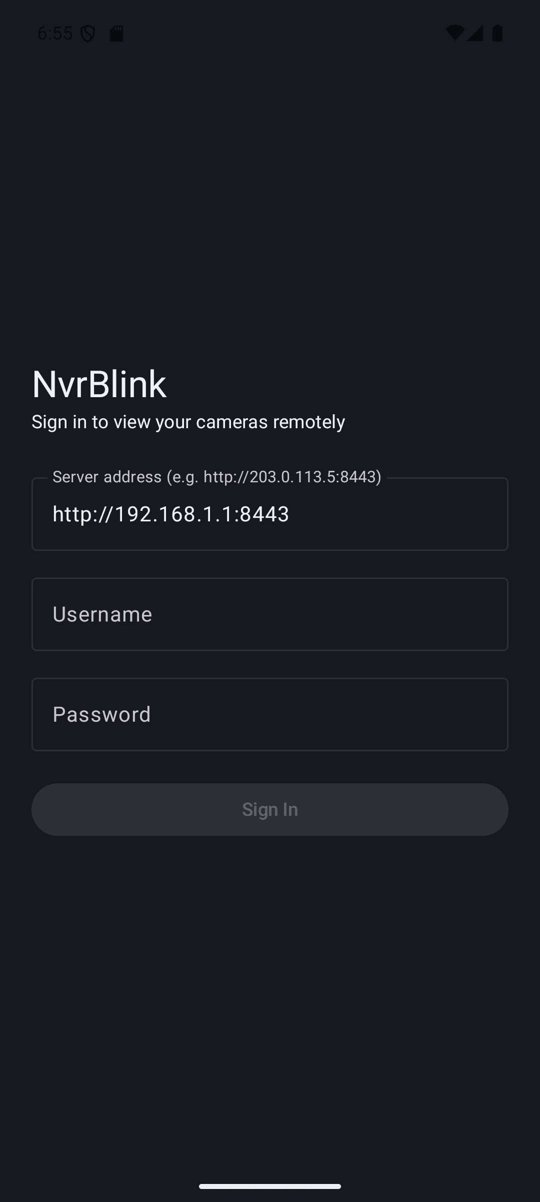 NVRblink Android app sign-in screen